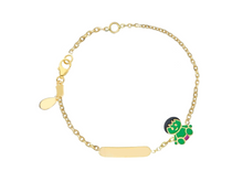 Load image into Gallery viewer, 18k yellow gold kid child boy baby enamel bracelet, engraving plate rolo chain.