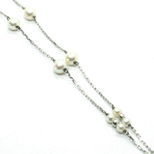 Load image into Gallery viewer, 18k white gold lariat necklace square chain round white pearl double pendant.
