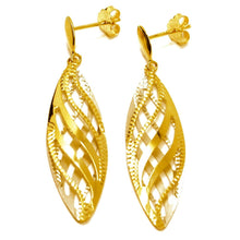 Charger l'image dans la galerie, 18K YELLOW GOLD PENDANT EARRINGS WORKED WAVY DOUBLE OVAL LEAF 4.5cm, 1.8".