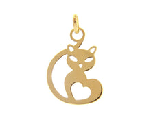 Load image into Gallery viewer, SOLID 18K YELLOW GOLD FLAT SMALL 20mm 0.8" CAT WITH HEART PENDANT, MADE IN ITALY.