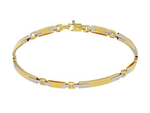 Load image into Gallery viewer, 18K YELLOW WHITE GOLD MAN SEMI RIGID THIN BRACELET ALTERNATE 3mm STRIPED PLATES.