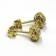 Cargar imagen en el visor de la galería, 18K YELLOW GOLD BUTTON EARRINGS CUBIC ZIRCONIA ROUND WITH FRAME FLOWER SUN 7 MM.