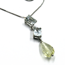 Load image into Gallery viewer, 18k white gold aquamarine 3 ct lemon quartz drop pendant venetian chain necklace.