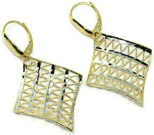 Load image into Gallery viewer, 18K YELLOW WHITE GOLD PENDANT EARRINGS ONDULATE WORKED SQUARE, SHINY, STRIPED.