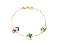 Load image into Gallery viewer, 18k yellow gold kid child boy baby enamel bracelet palm parrot pirate rolo chain.
