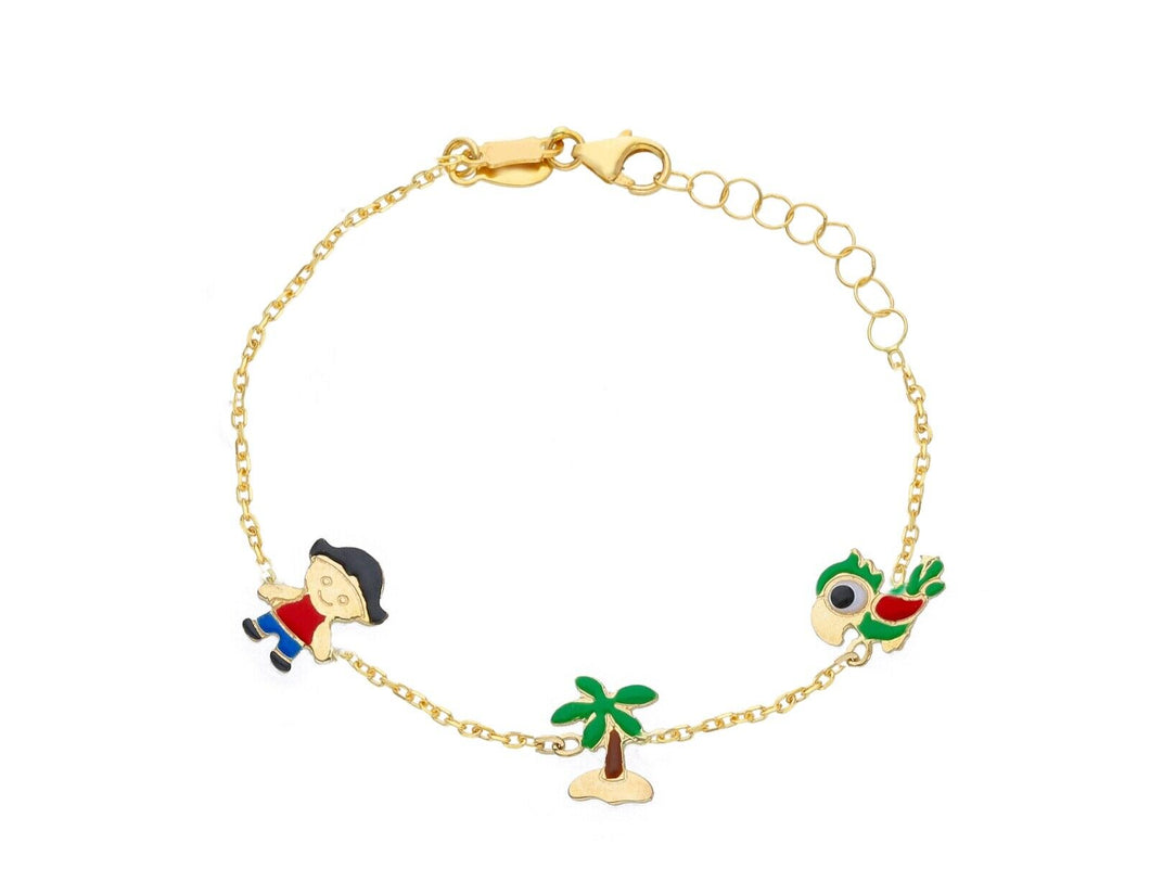 18k yellow gold kid child boy baby enamel bracelet palm parrot pirate rolo chain.