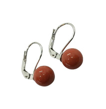 Load image into Gallery viewer, 18k white gold leverback pendant earrings spheres perfect red coral, 8mm 0.31".