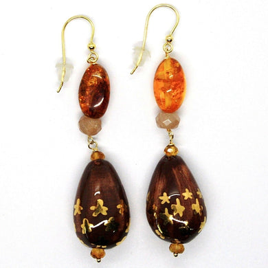 18K YELLOW GOLD EARRINGS AMBER CITRINE ADULARIA, POTTERY DROPS HAND PAINTED STAR.