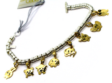 Load image into Gallery viewer, 925 STERLING SILVER TUBE DISCS BRACELET 9K YELLOW GOLD PUPPIES ANIMALS PENDANTS.