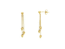 Load image into Gallery viewer, 18K YELLOW GOLD TRIPLE PENDANT EARRINGS 2.5mm WORKED SPHERES FACETED BALLS, 33mm.