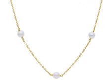 Load image into Gallery viewer, 18k yellow gold necklace, rolo 1mm chain alternate white small pearls 5mm.