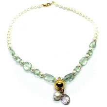 Charger l'image dans la galerie, 18k rose gold lariat necklace white fw pearls, presiolite, amethyst pendant.