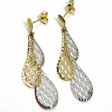Load image into Gallery viewer, 18K YELLOW WHITE GOLD PENDANT EARRINGS, DOUBLE WORKED OVERLAPPED DROPS, 4.5cm.
