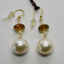 Load image into Gallery viewer, SOLID 18K YELLOW GOLD EARRINGS WITH WHITE PEARL AND BEER QUARTZ MADE IN ITALY.