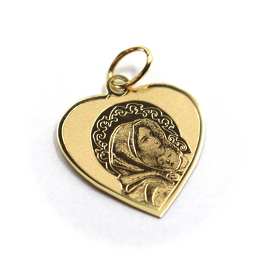 18K YELLOW FLAT HEART GOLD MEDAL 19mm VIRGIN MARY AND JESUS, MADE IN ITALY.