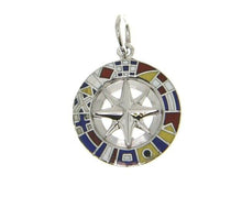 Load image into Gallery viewer, solid 18k white gold compass wind rose pendant 1.5cm 0.6" enamel nautical flags.