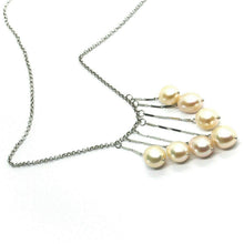 Load image into Gallery viewer, 18k white gold lariat necklace 7 pendant waterfall wires oval pink pearls, rolo.