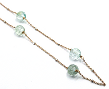 Load image into Gallery viewer, 18k rose gold 17.3&quot; necklace faceted round 6mm aquamarine rolo with white cubes.
