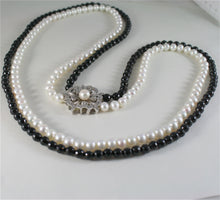 Load image into Gallery viewer, solid 18k white gold necklace with round pearls, onyx and diamonds made in Italy.