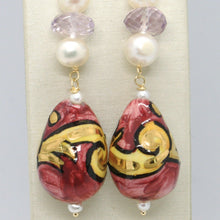 Cargar imagen en el visor de la galería, 18k yellow gold earrings amethyst pearl & ceramic big drop hand painted in italy.