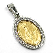 Load image into Gallery viewer, 18k yellow white gold cubic zirconia Miraculous big 24mm medal pendant Virgin Mary Madonna.
