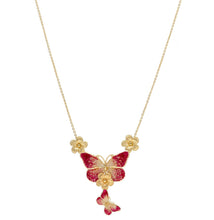 Load image into Gallery viewer, 18K YELLOW GOLD ROLO NECKLACE ENAMEL FINELY WORKED FLOWER BUTTERFLY PENDANT.