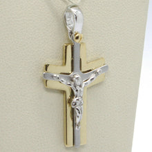 Load image into Gallery viewer, SOLID 18K WHITE YELLOW GOLD PENDANT ALTERNATE CROSS, JESUS, SATIN, MADE IN ITALY.