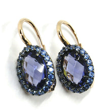 Cargar imagen en el visor de la galería, 18k rose gold leverback flower earrings, oval crystal, blue cubic zirconia frame.