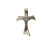 Load image into Gallery viewer, 18k white gold 20mm cross Franciscan tau Saint Francis mother of pearl pendant.