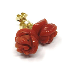 Load image into Gallery viewer, 18k yellow gold red coral flower roses button earrings, 8.5 mm, 0.33 inches.