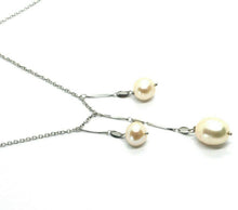 Load image into Gallery viewer, 18k white gold lariat necklace 3 pendant wires with pink pearls, rolo chain.