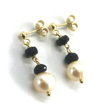 Charger l'image dans la galerie, 18k yellow gold pendant earrings faceted tourmaline, pink pearls, 2.7cm, 1.05".