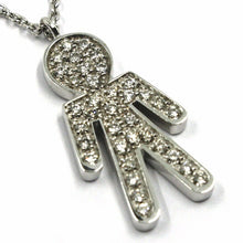 Load image into Gallery viewer, 18k white gold necklace, baby, child, boy, son pendant with diamonds rolo chain.
