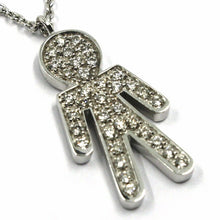 Load image into Gallery viewer, 18k white gold necklace, baby, child, boy, son pendant with diamonds rolo chain.