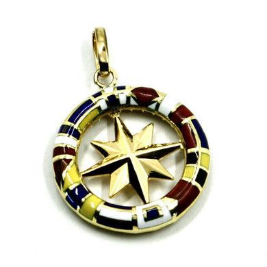18k yellow gold compass wind rose pendant, 2.3cm, enamel nautical flags.
