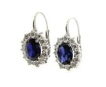 Load image into Gallery viewer, 18k white gold flower leverback earrings big 7x9mm oval blue crystal, zirconia.