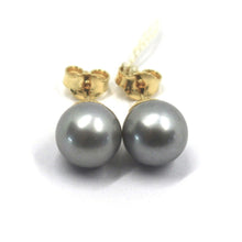 Load image into Gallery viewer, 18k yellow gold stud button earrings, gray freshwater 9.2mm 0.36" round pearls.