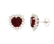 Cargar imagen en el visor de la galería, 18k white gold heart earrings, red recrystallized ruby, zirconia frame.