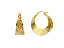 Charger l'image dans la galerie, 18K YELLOW GOLD HOOPS 25x12mm EARRINGS FINELY WORKED STRIPED & FLOWERS CIRCLE 3D.