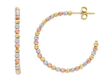 Load image into Gallery viewer, 18K YELLOW WHITE ROSE GOLD HOOPS 25mm EARRINGS DIAMOND CUT 2mm SPHERES, BALLS.