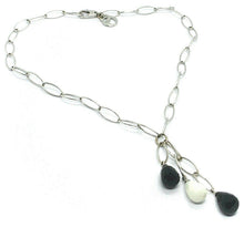 Load image into Gallery viewer, 18k white gold lariat necklace big oval link, white agate and onyx drops pendant.