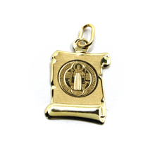 Load image into Gallery viewer, 18k yellow gold parchment medal 13x18mm Saint Benedict, engraved front and back.
