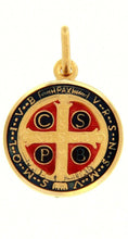 Load image into Gallery viewer, solid 18k yellow round gold medal, diameter 17mm, Saint Benedict, enamel pendant, very detailed.