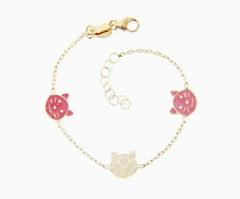 Cargar imagen en el visor de la galería, 18k yellow gold bracelet for kids with cat kitten puppy made in Italy 5.5 in.