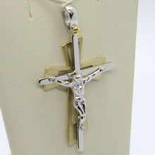 Load image into Gallery viewer, SOLID 18K WHITE YELLOW GOLD PENDANT DOUBLE CROSS, JESUS, SATIN, MADE IN ITALY.
