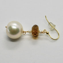 Load image into Gallery viewer, SOLID 18K YELLOW GOLD EARRINGS WITH WHITE PEARL AND BEER QUARTZ MADE IN ITALY.