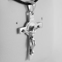 Load image into Gallery viewer, 18k white gold cross with Jesus & st saint Benedict medal made in Italy.