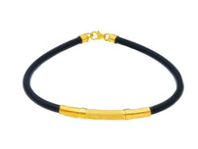 Charger l'image dans la galerie, 18K YELLOW GOLD BRACELET 4mm ROUND TUBE SMOOTH SATIN PLATE & BLACK RUBBER, 8.3".
