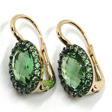 Cargar imagen en el visor de la galería, 18k rose gold leverback flower earrings, oval crystal green cubic zirconia frame.