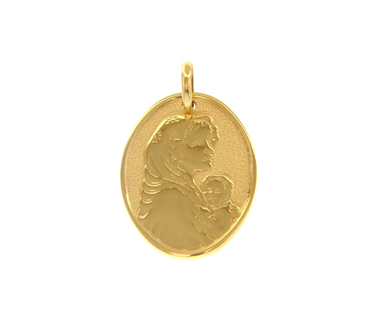 18K YELLOW GOLD PENDANT OVAL MEDAL VIRGIN MARY WITH JESUS 18mm ENGRAVABLE.